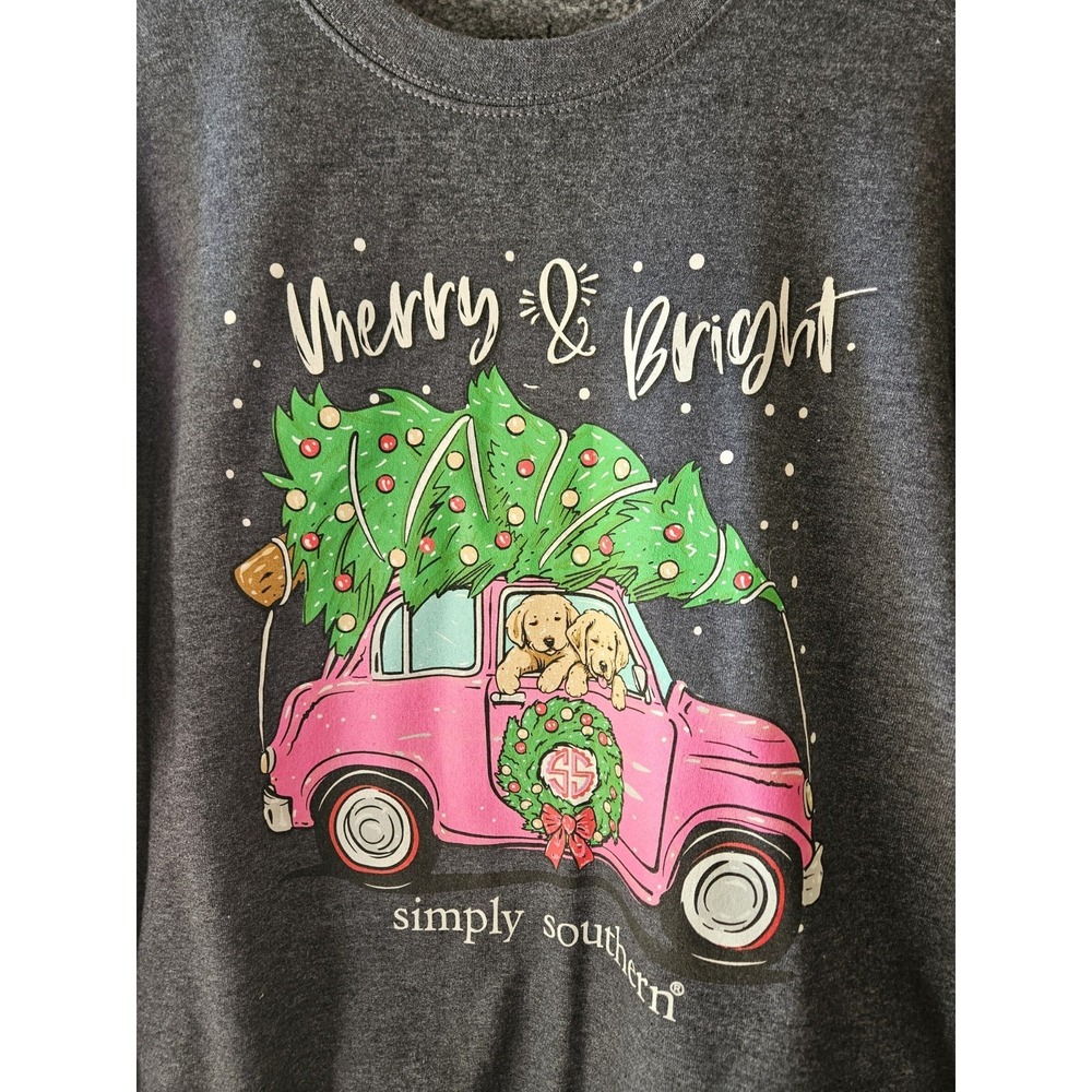 Simply Southern Merry &‎ Bright Christmas Sweatshirt Womens Medium Gray Pink... - Picture 2 of 5